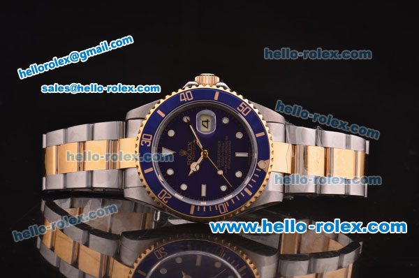 Rolex Submariner Swiss ETA 2836 Steel Case with Blue Bezel/Dial and 18K Yellow Gold Strap - Click Image to Close